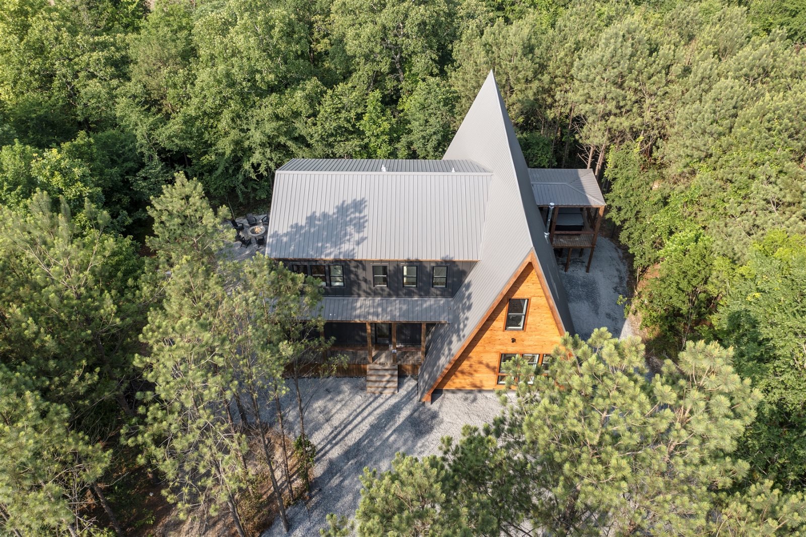 Aerial view of the A-frame roof in the forest