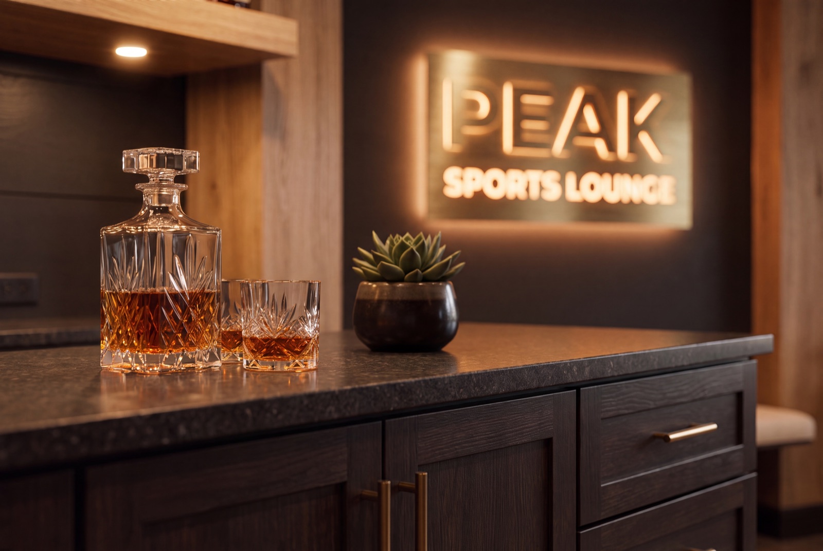 Bar detail with a whiskey decanter and a backlit Peak Sports Lounge sign